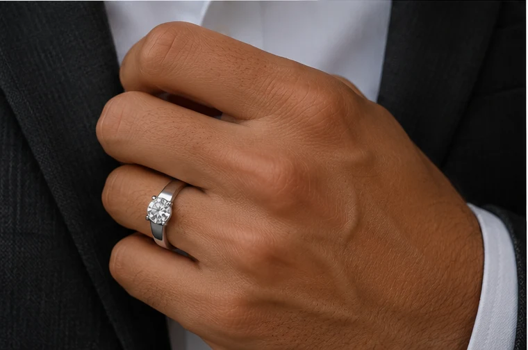 Men's solitaire ring worn on hand